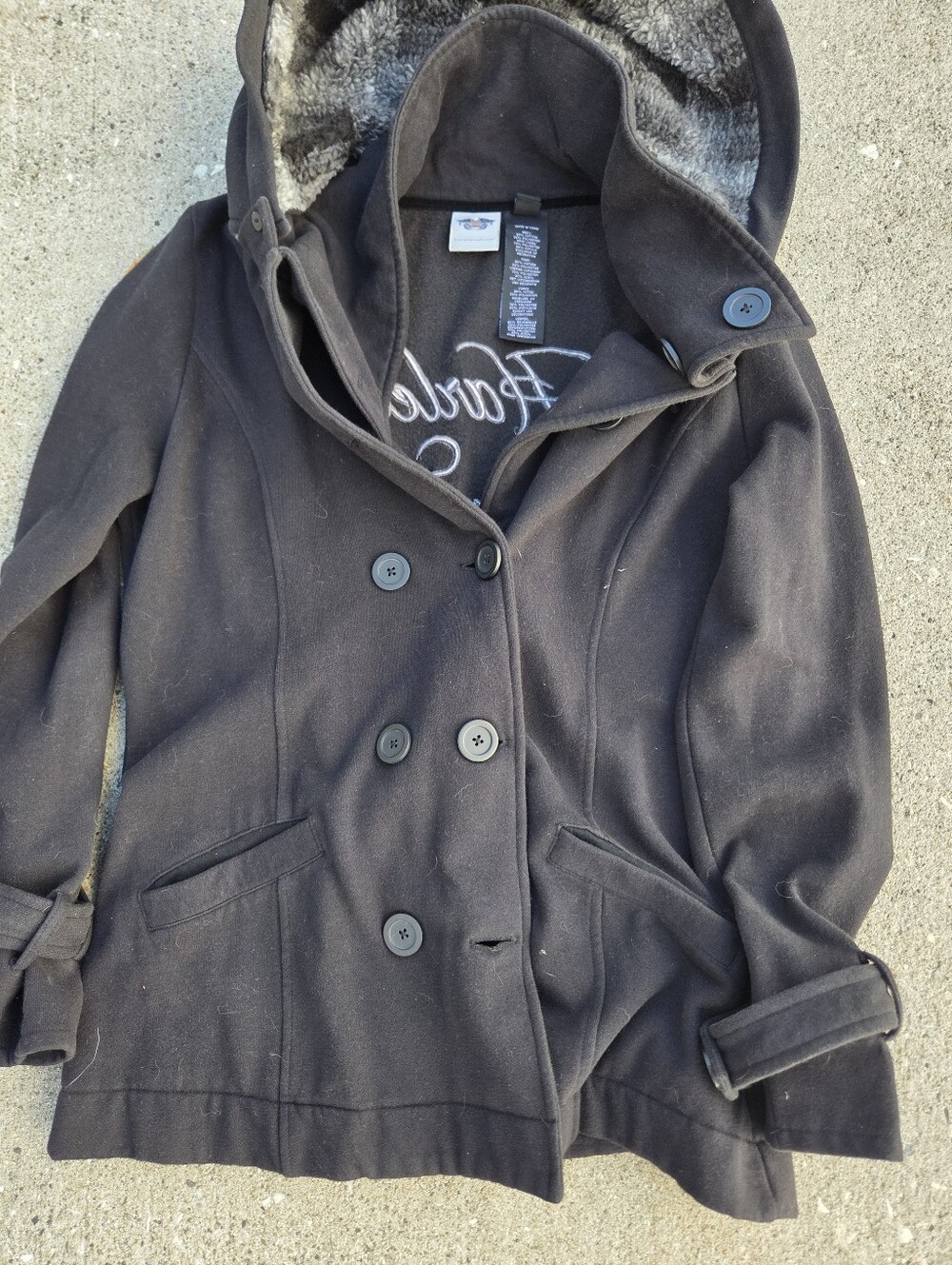 Harley-Davidson Black Double Breasted Hooded Pea Coat Jacket Fleece L
